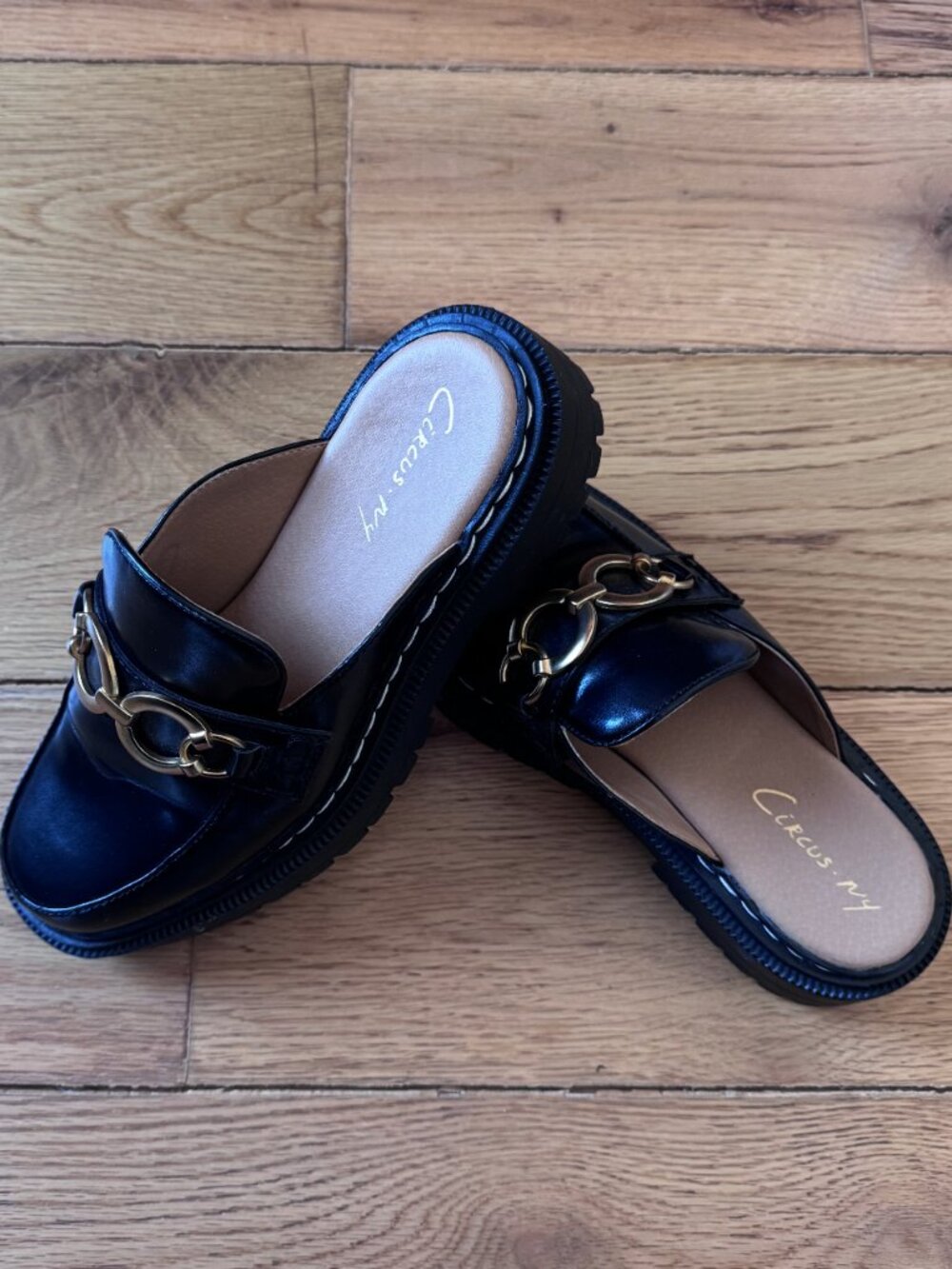 Circus by Sam Edelman Black Leather Lug Sole Mule with Gold Horsebit - Picture 3 of 5